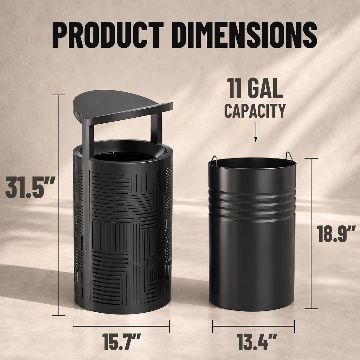 11 Gallon Outdoor Commercial Trash Can with Rain Cover – Striped Metal Waste Bin - CrazyAnt