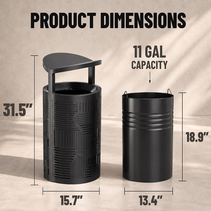 11 Gallon Outdoor Commercial Trash Can with Rain Cover – Striped Metal Waste Bin - CrazyAnt