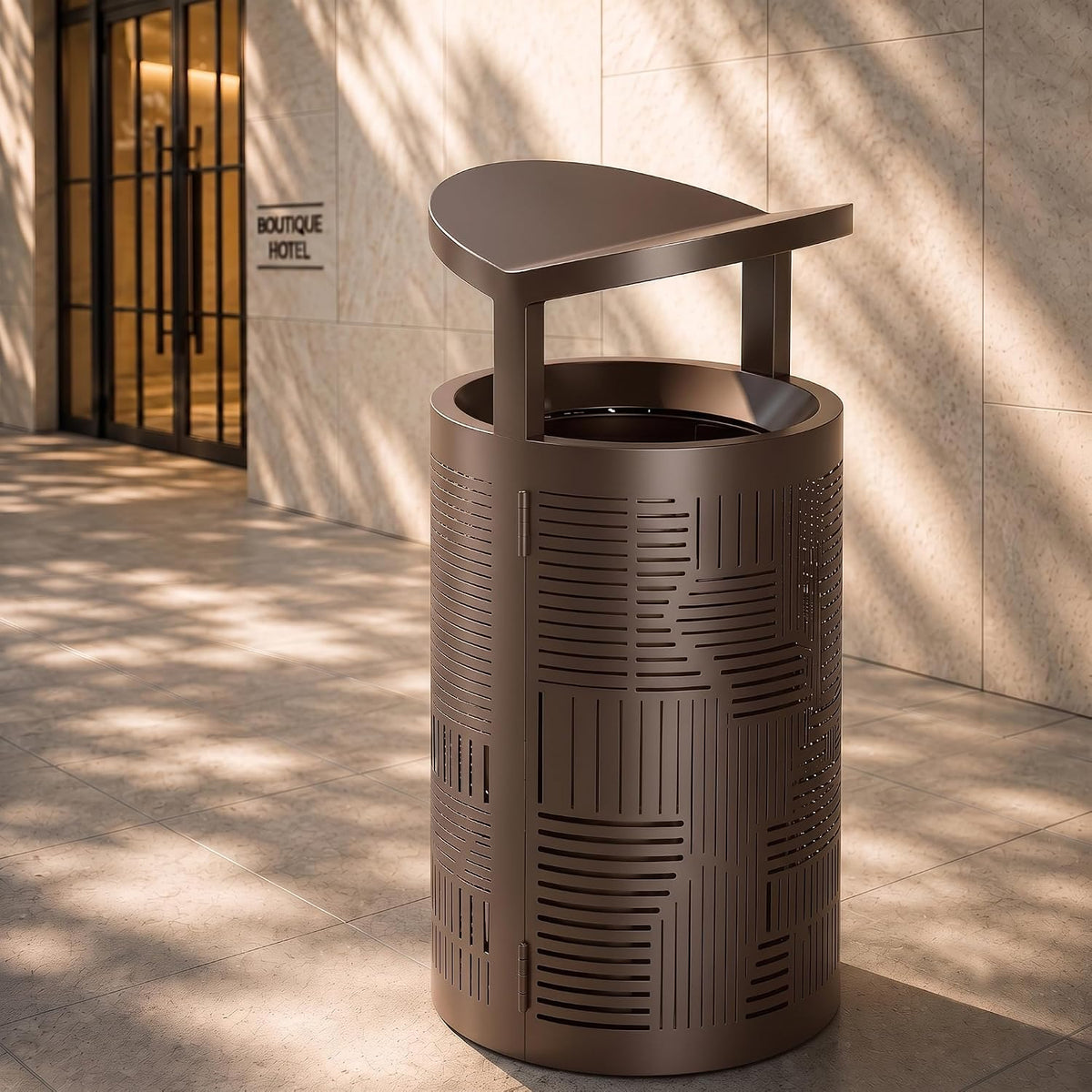 11 Gallon Outdoor Commercial Trash Can with Rain Cover – Striped Metal Waste Bin - CrazyAnt
