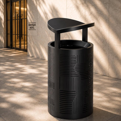 11 Gallon Outdoor Commercial Trash Can with Rain Cover – Striped Metal Waste Bin - CrazyAnt