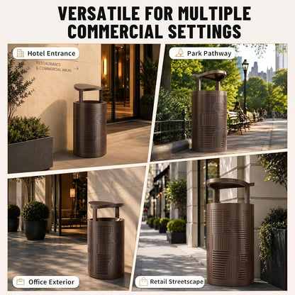 11 Gallon Outdoor Commercial Trash Can with Rain Cover – Striped Metal Waste Bin - CrazyAnt