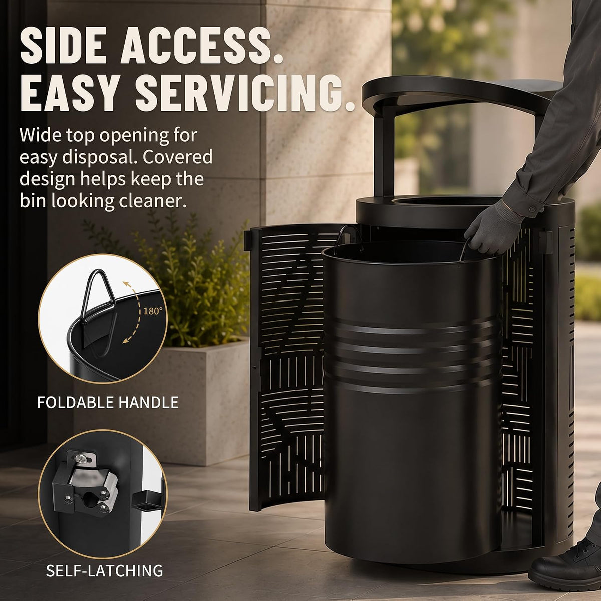 11 Gallon Outdoor Commercial Trash Can with Rain Cover – Striped Metal Waste Bin - CrazyAnt