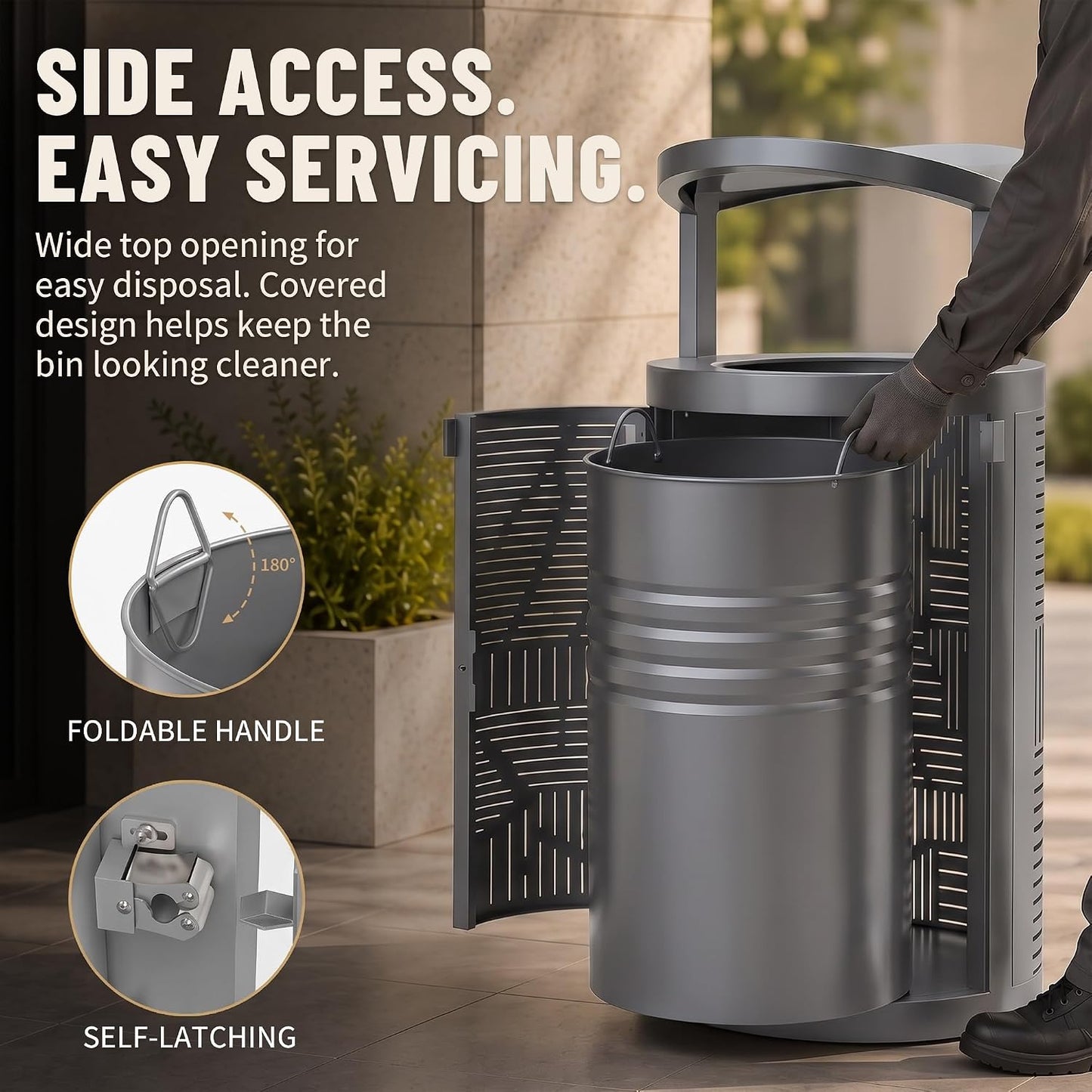 11 Gallon Outdoor Commercial Trash Can with Rain Cover – Striped Metal Waste Bin - CrazyAnt