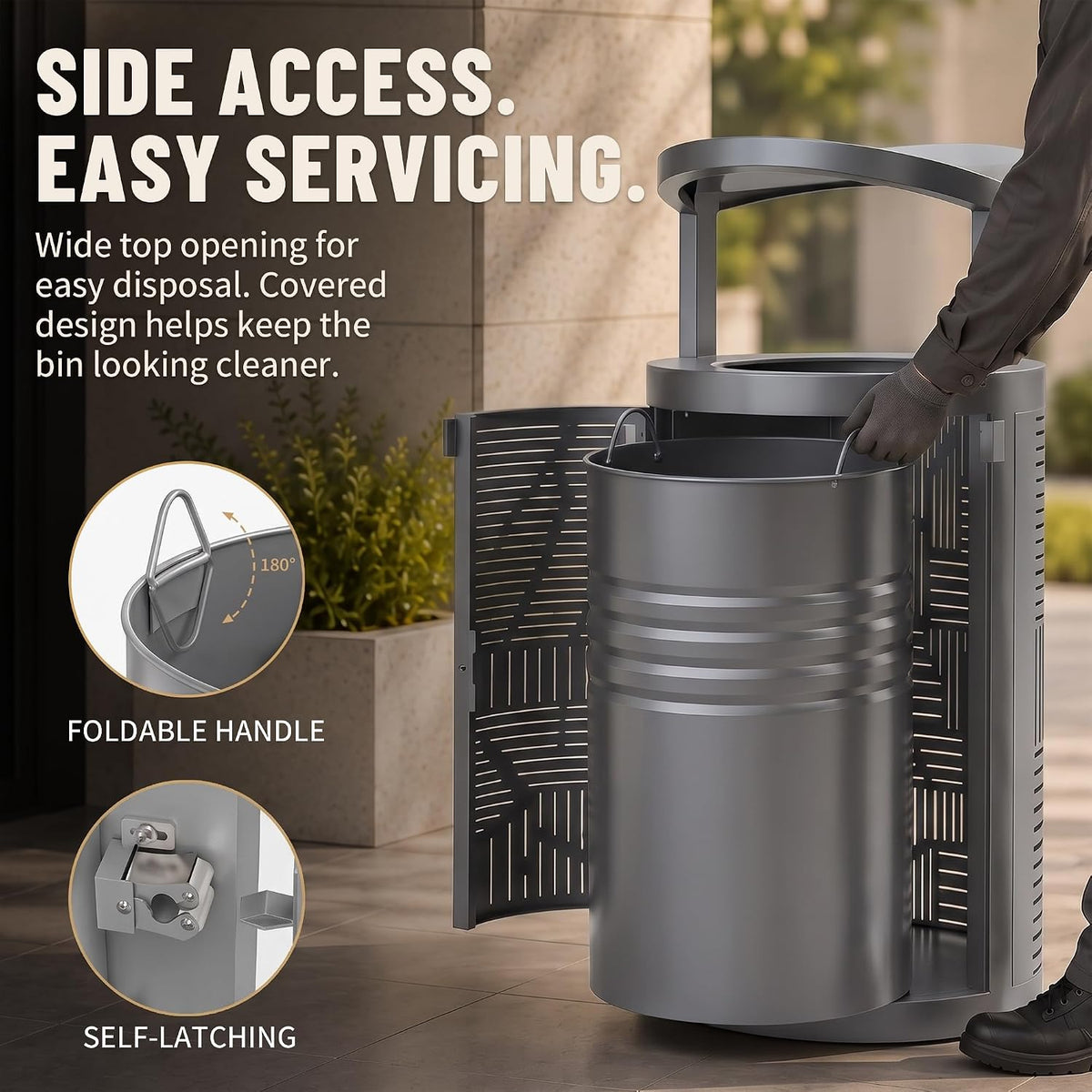 11 Gallon Outdoor Commercial Trash Can with Rain Cover – Striped Metal Waste Bin - CrazyAnt