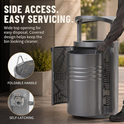 11 Gallon Outdoor Commercial Trash Can with Rain Cover – Striped Metal Waste Bin - CrazyAnt