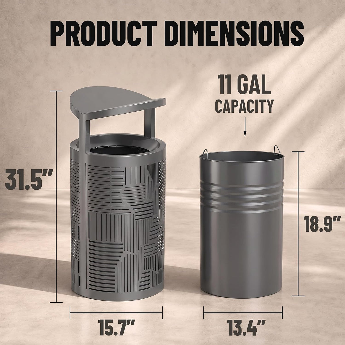 11 Gallon Outdoor Commercial Trash Can with Rain Cover – Striped Metal Waste Bin - CrazyAnt