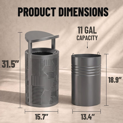 11 Gallon Outdoor Commercial Trash Can with Rain Cover – Striped Metal Waste Bin - CrazyAnt