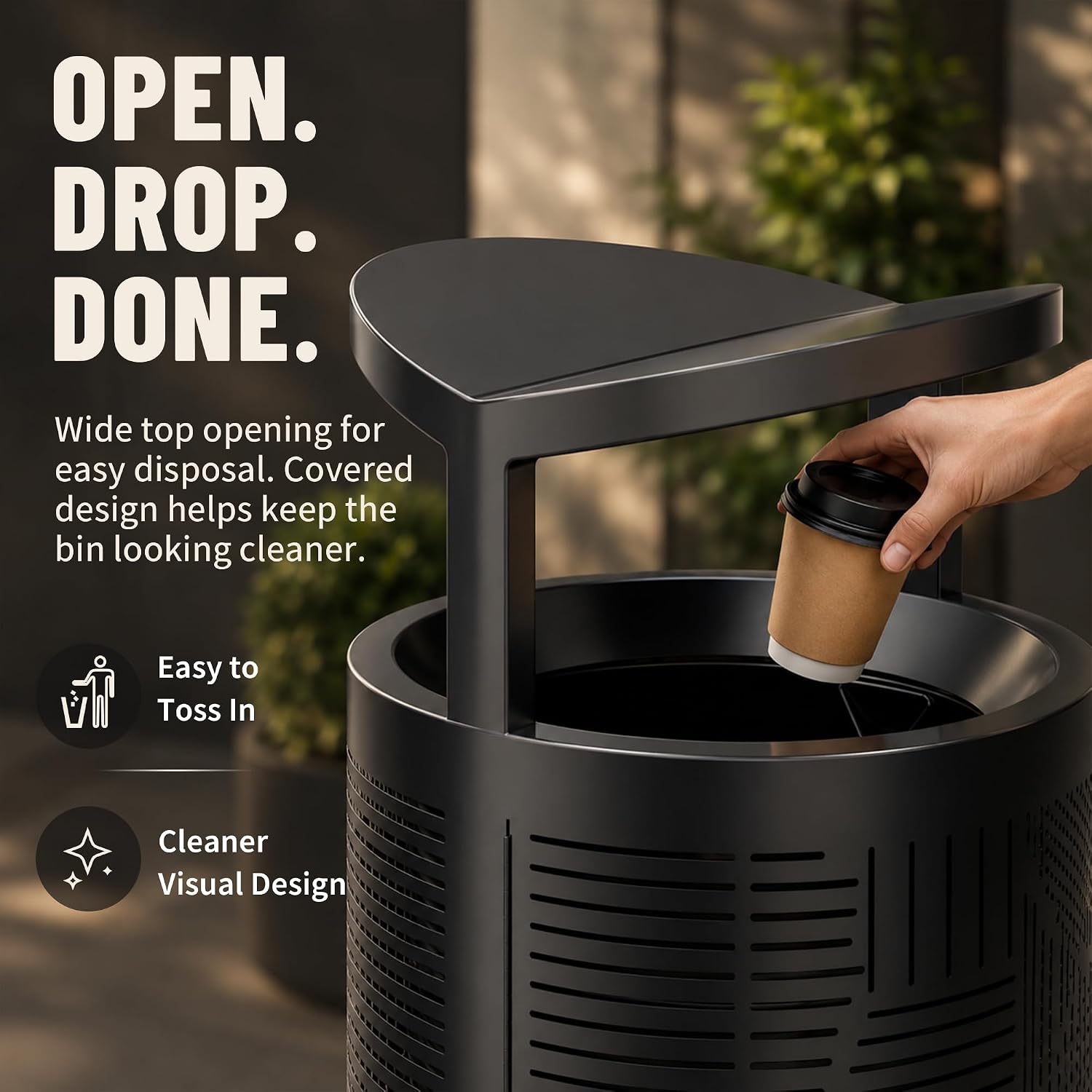 11 Gallon Outdoor Commercial Trash Can with Rain Cover – Striped Metal Waste Bin - CrazyAnt