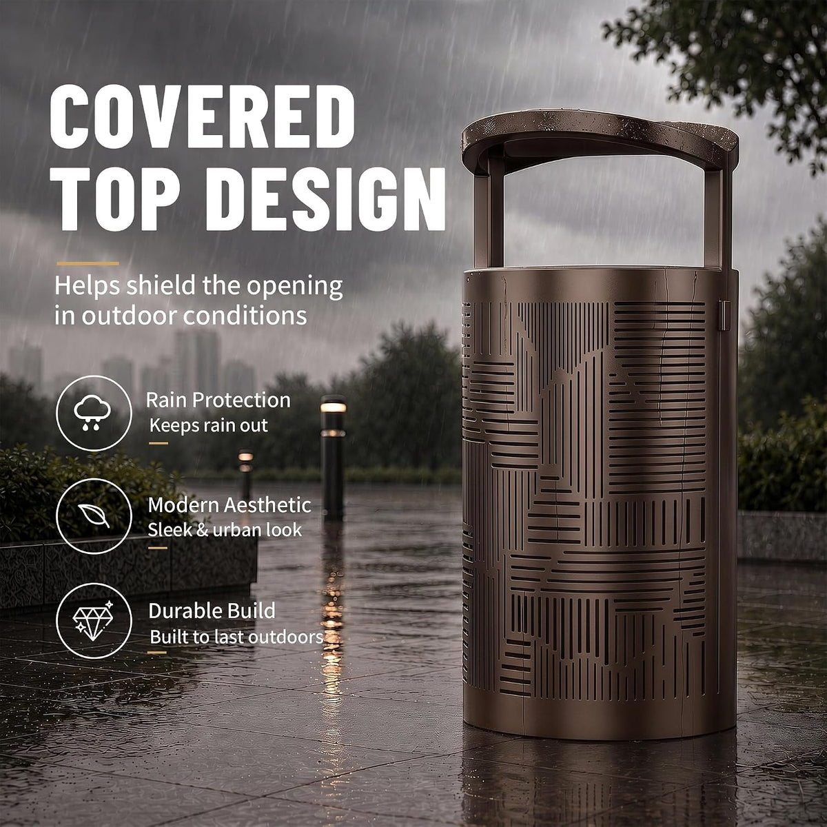 11 Gallon Outdoor Commercial Trash Can with Rain Cover – Striped Metal Waste Bin - CrazyAnt