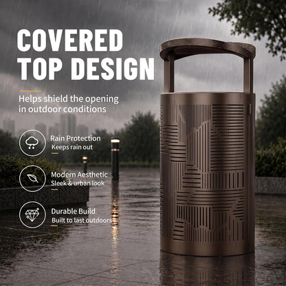 11 Gallon Outdoor Commercial Trash Can with Rain Cover – Striped Metal Waste Bin - CrazyAnt