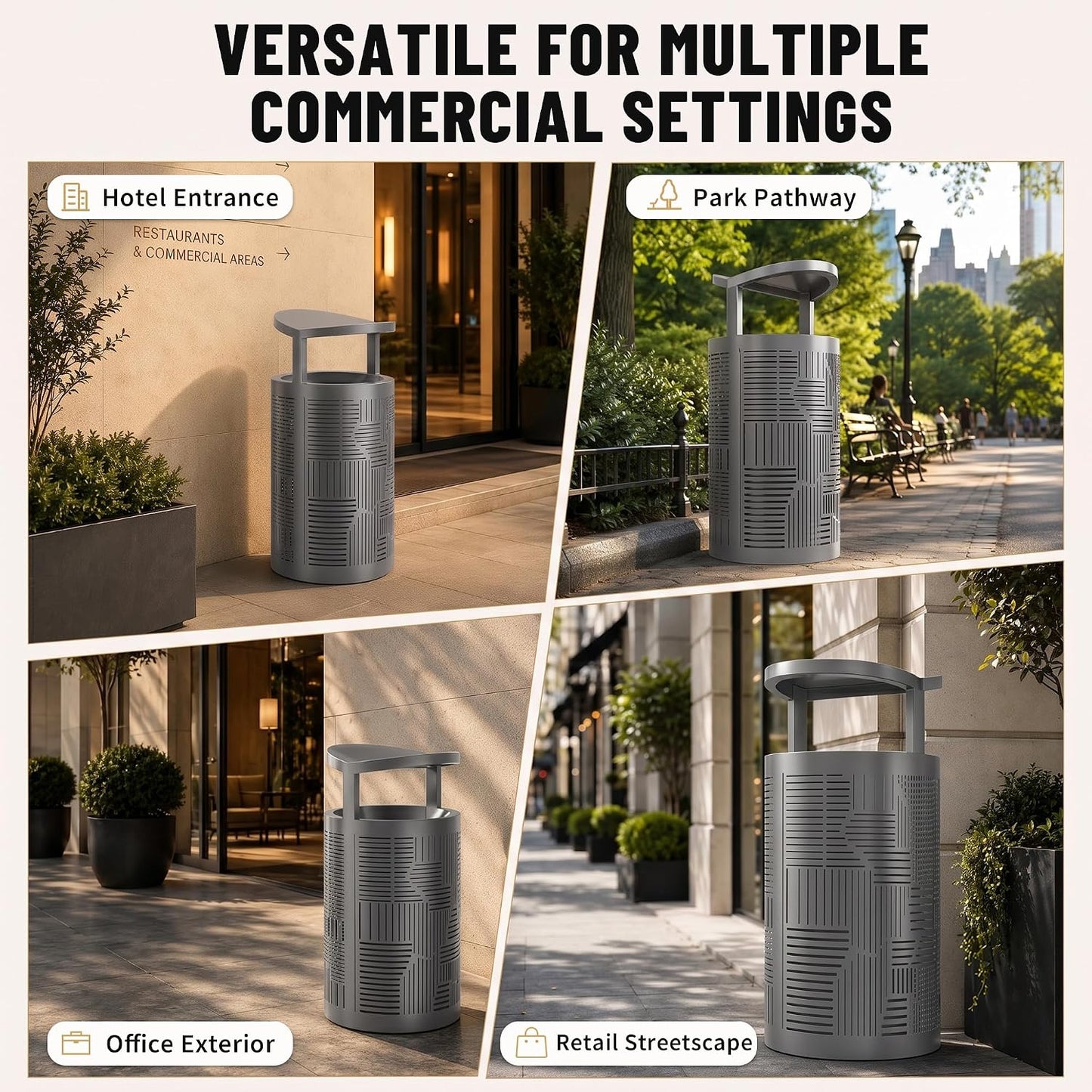 11 Gallon Outdoor Commercial Trash Can with Rain Cover – Striped Metal Waste Bin - CrazyAnt