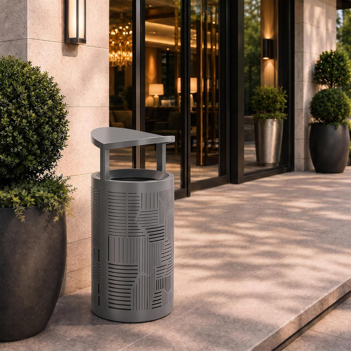 11 Gallon Outdoor Commercial Trash Can with Rain Cover – Striped Metal Waste Bin - CrazyAnt