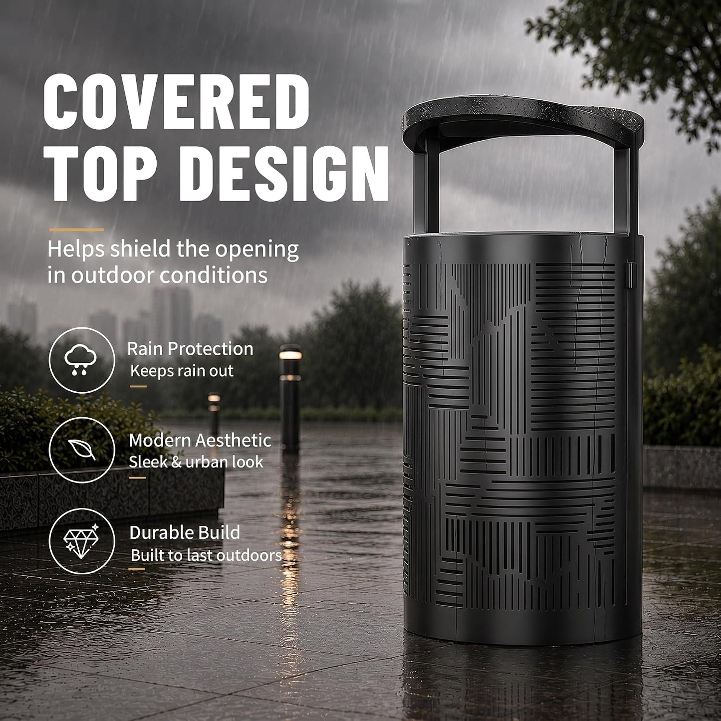 11 Gallon Outdoor Commercial Trash Can with Rain Cover – Striped Metal Waste Bin - CrazyAnt