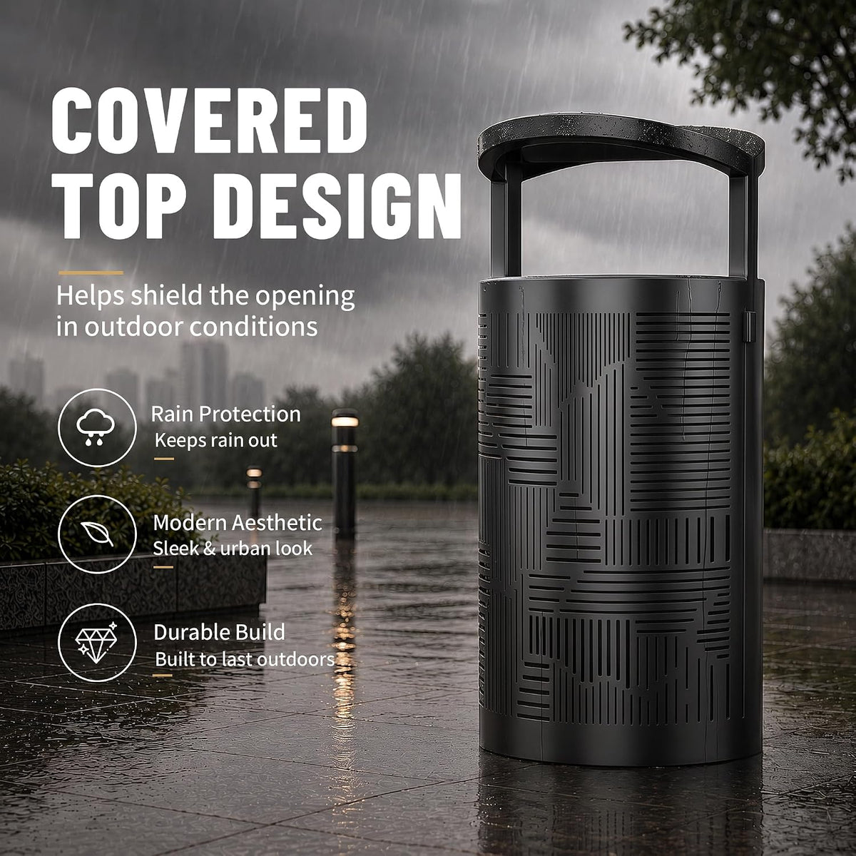 11 Gallon Outdoor Commercial Trash Can with Rain Cover – Striped Metal Waste Bin - CrazyAnt