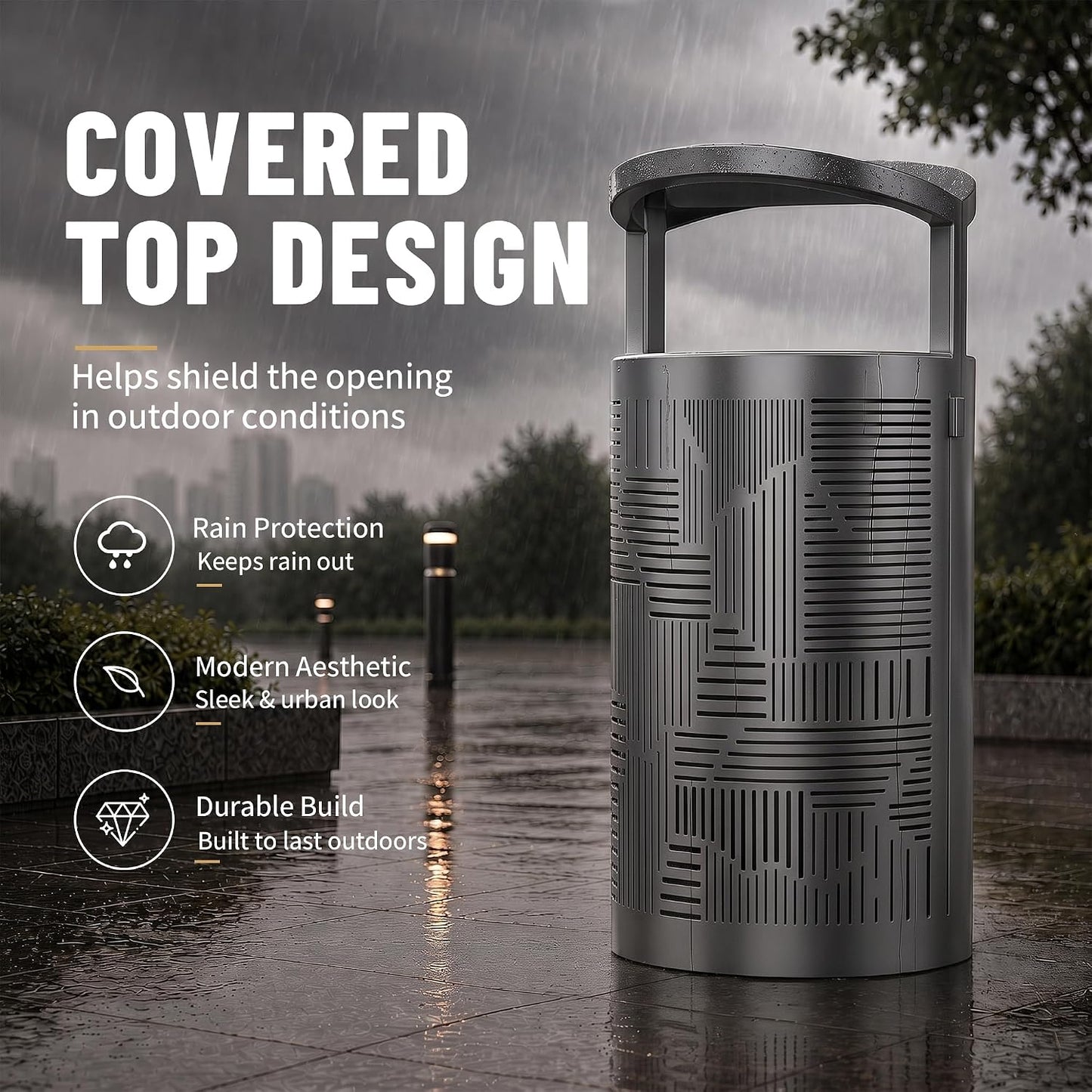 11 Gallon Outdoor Commercial Trash Can with Rain Cover – Striped Metal Waste Bin - CrazyAnt