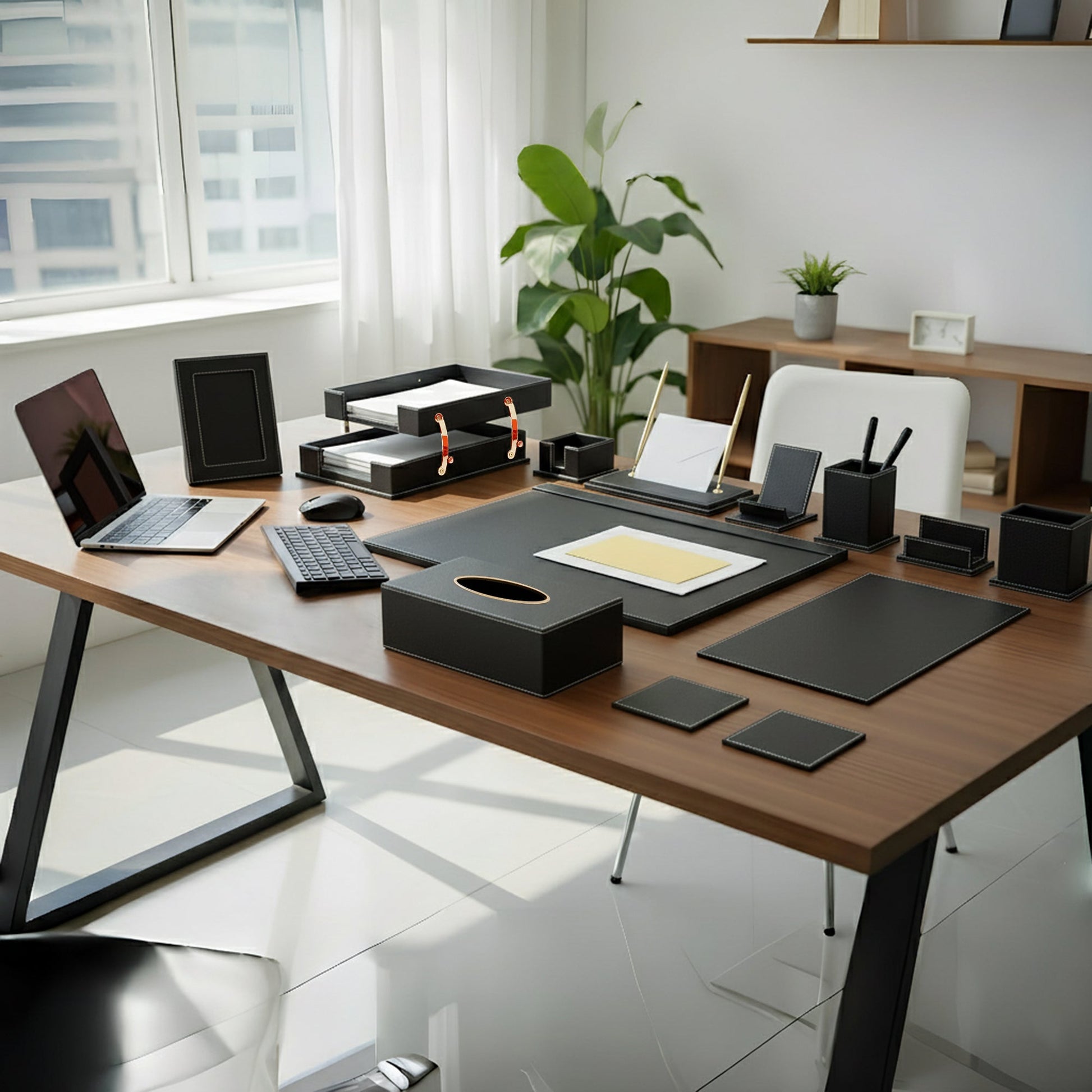 13 - Piece Leather Desk Set for Hotel & Office, Executive Desk Accessories Set with Desk Pad, Document Tray, Pen Holder, Tissue Box & More - CrazyAnt