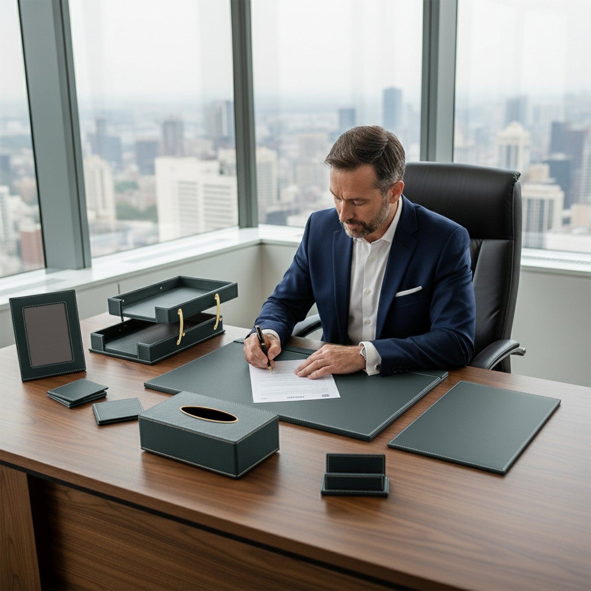 13 - Piece Leather Desk Set for Hotel & Office, Executive Desk Accessories Set with Desk Pad, Document Tray, Pen Holder, Tissue Box & More - CrazyAnt