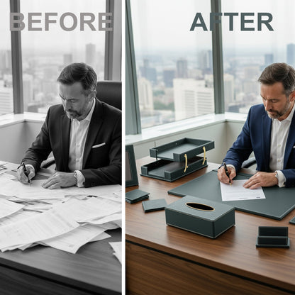 13 - Piece Leather Desk Set for Hotel & Office, Executive Desk Accessories Set with Desk Pad, Document Tray, Pen Holder, Tissue Box & More - CrazyAnt