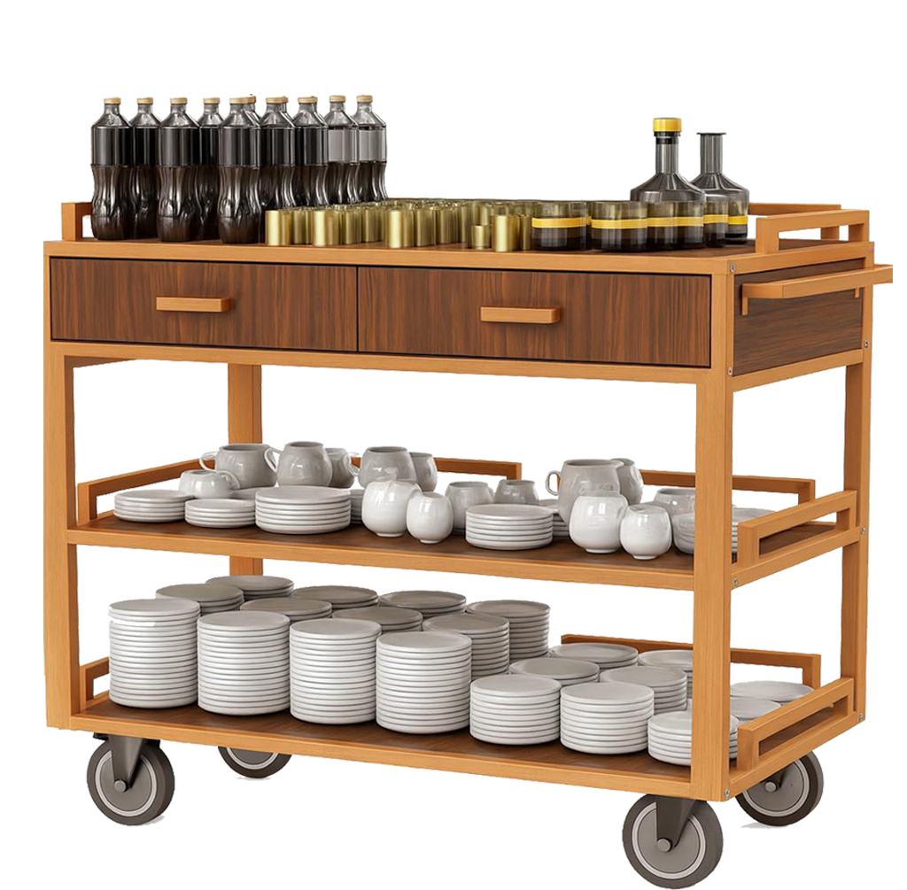 Professional 3-tier service cart featuring hidden cabinet storage with wooden drawers. Multi-level hotel service trolley displaying bottles on top tier, teapots and cups on middle shelf, and stacked plates on bottom level. Concealed storage compartment provides additional space for supplies. Wooden construction with smooth-rolling wheels for efficient restaurant and hotel service operations.