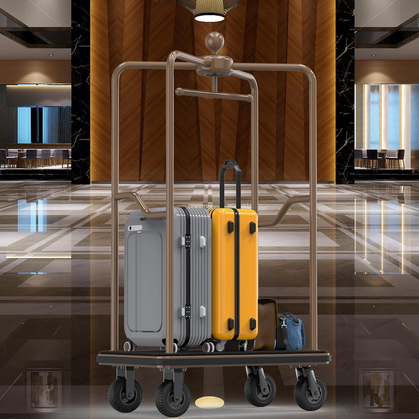 Premium enclosed luggage cart in marble hotel lobby showcasing luxury canopy frame design. High-end rooftop bellman cart with protective overhead structure transporting guest luggage in sophisticated hospitality environment with elegant architectural backdrop.