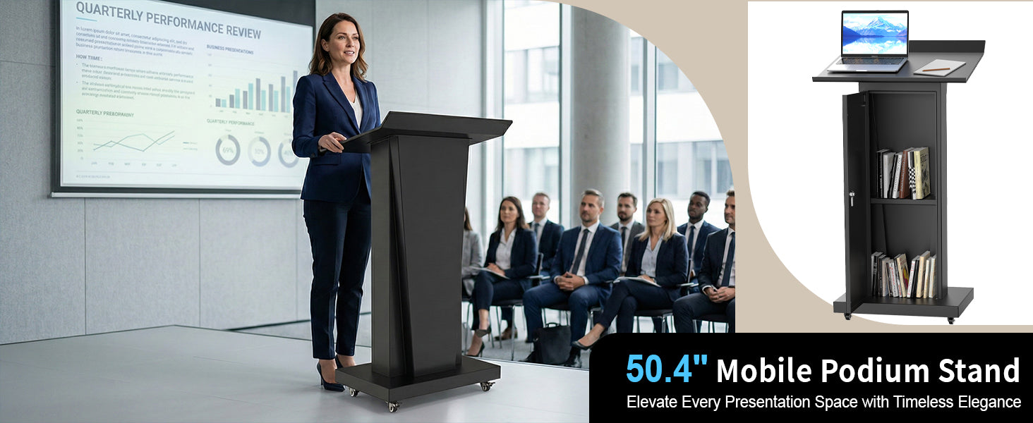 50.4 inch mobile podium stand with storage - elevate hotel presentation space with timeless elegance