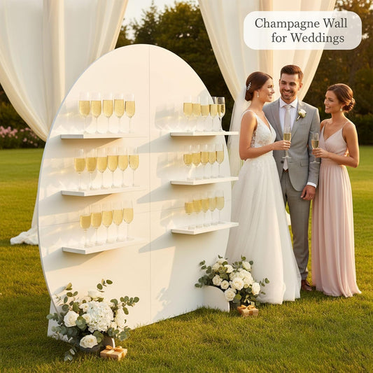 92" Semi - Circle Champagne Wall Display Stand - White Wooden Backdrop with Shelves for Wedding, Party & Hotel Events - CrazyAnt