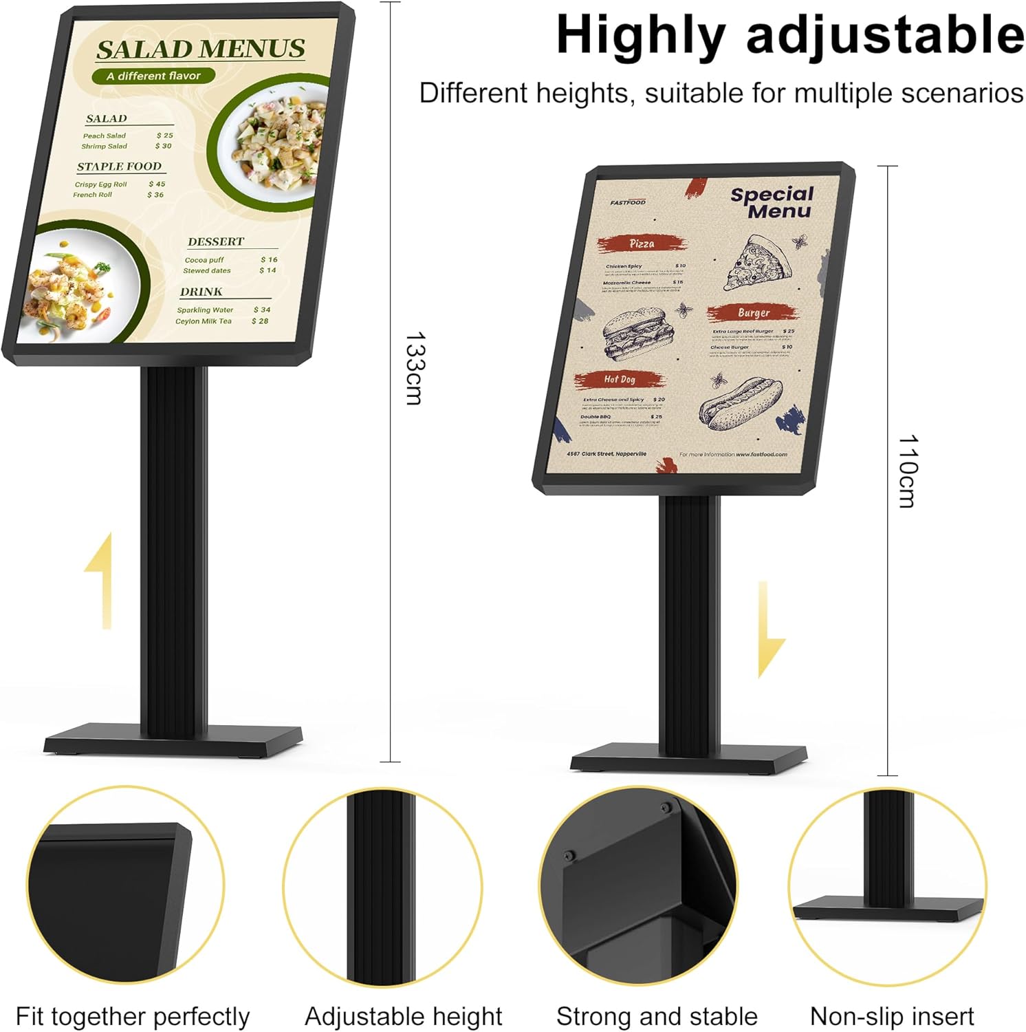 Adjustable height floor standing sign holder with telescopic post showing different height settings for menu displays, featuring salad menu and special menu boards
