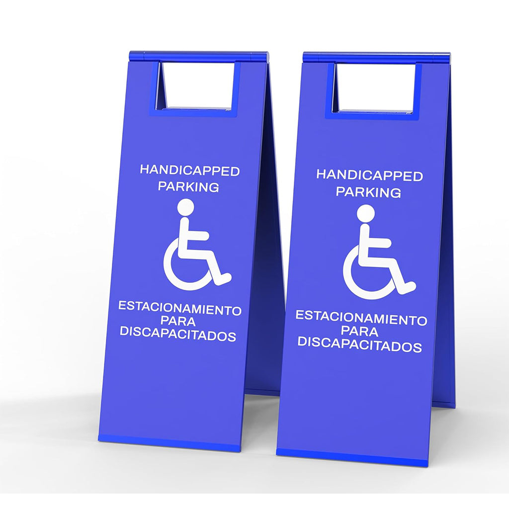 Two blue portable handicapped parking signs with wheelchair symbols and bilingual text for accessible parking enforcement