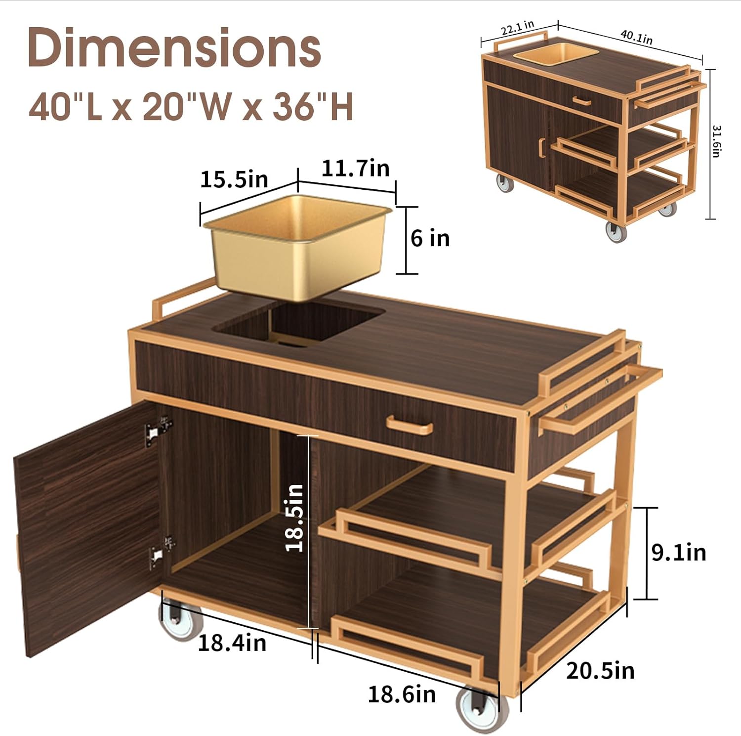 Cabinet service cart technical specifications showing 40 inch length, 20 inch width, and 36 inch height dimensions. Restaurant service trolley with detailed measurements including 18.5 inch cabinet depth, enclosed storage compartments, and removable serving tray for versatile food and beverage service applications.