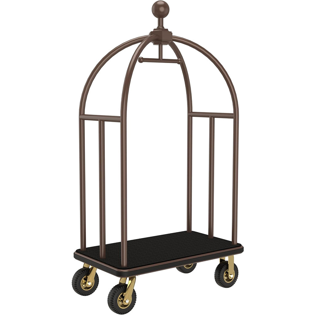 Classic bronze hotel luggage cart with vintage-inspired dome design and rich copper-toned finish. Timeless bellman cart featuring curved protective canopy, sturdy frame construction, and durable wheels on black platform. Boutique-style luggage trolley perfect for luxury hotels, resorts, and high-end hospitality establishments seeking elegant baggage handling solutions.