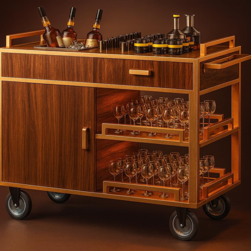Commercial grade cabinet service cart showing detailed construction with enclosed walnut storage compartments, pull-out glass shelves, and organized wine bottle display. Professional restaurant service trolley with premium wood finish and smooth-rolling wheels for efficient dining room service.