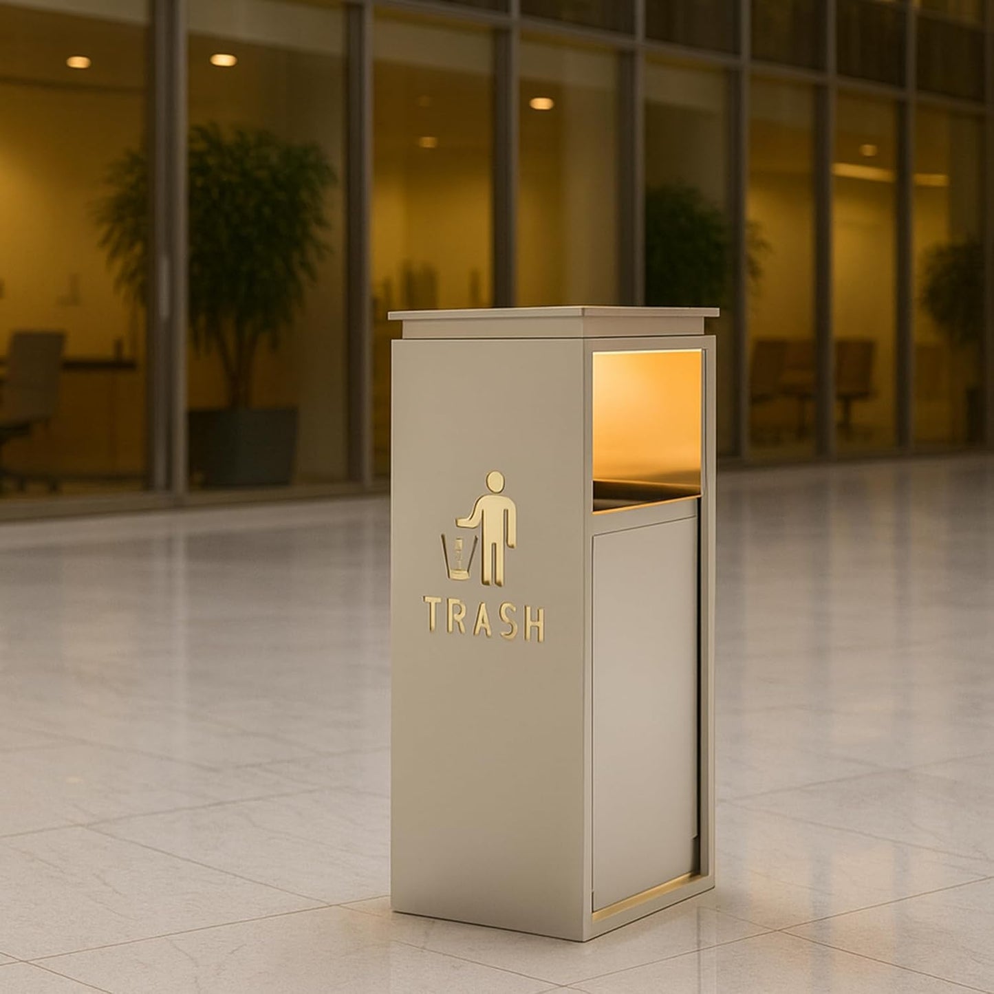 Sleek outdoor waste bin with LED accent lighting installed in modern office building lobby with glass architecture and professional setting
