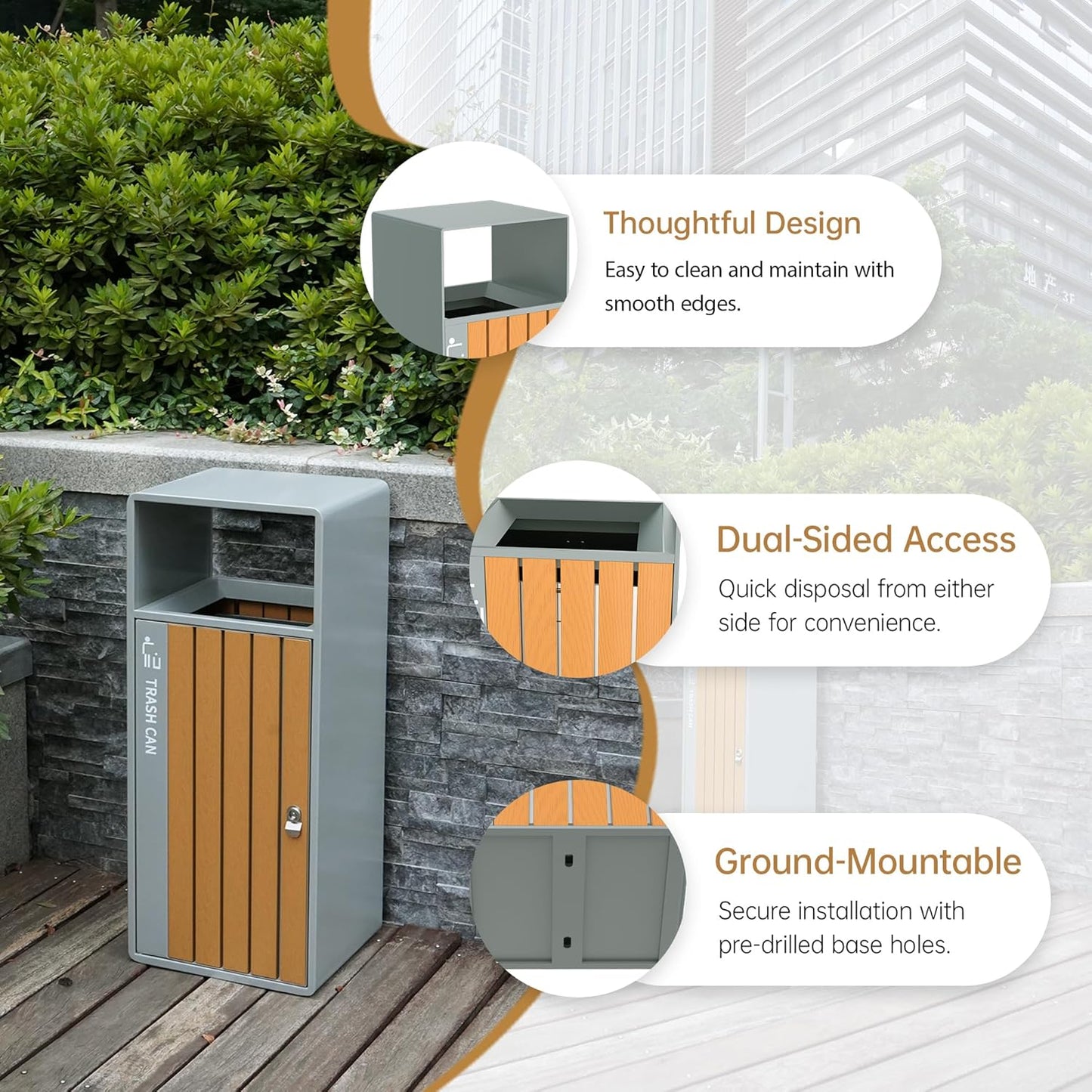 Professional outdoor waste receptacle with thoughtful dual-sided access, ground-mountable base, and smooth maintenance-friendly design