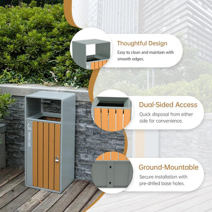 Professional outdoor waste receptacle with thoughtful dual-sided access, ground-mountable base, and smooth maintenance-friendly design