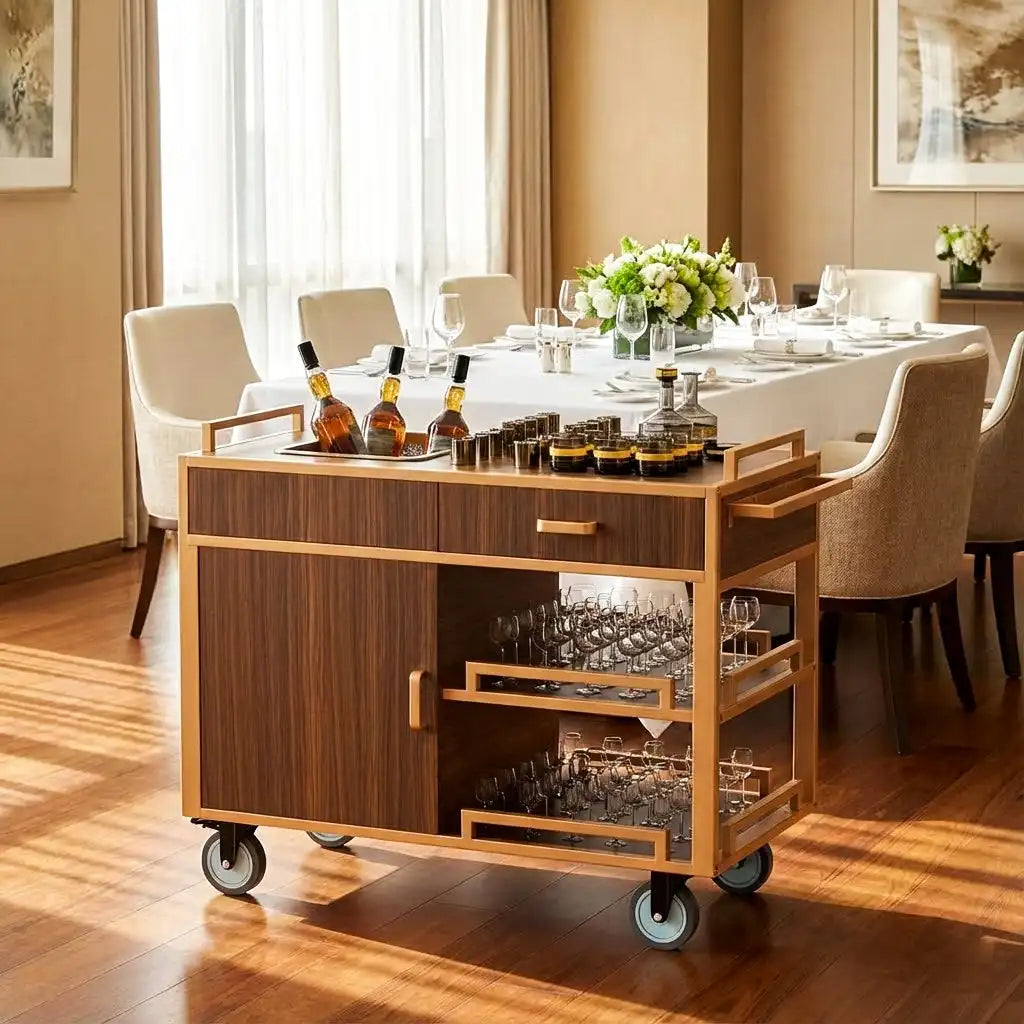 Premium hotel service cart with storage cabinet from CrazyAnt hotel supplies suppliers for luxury dining and event catering