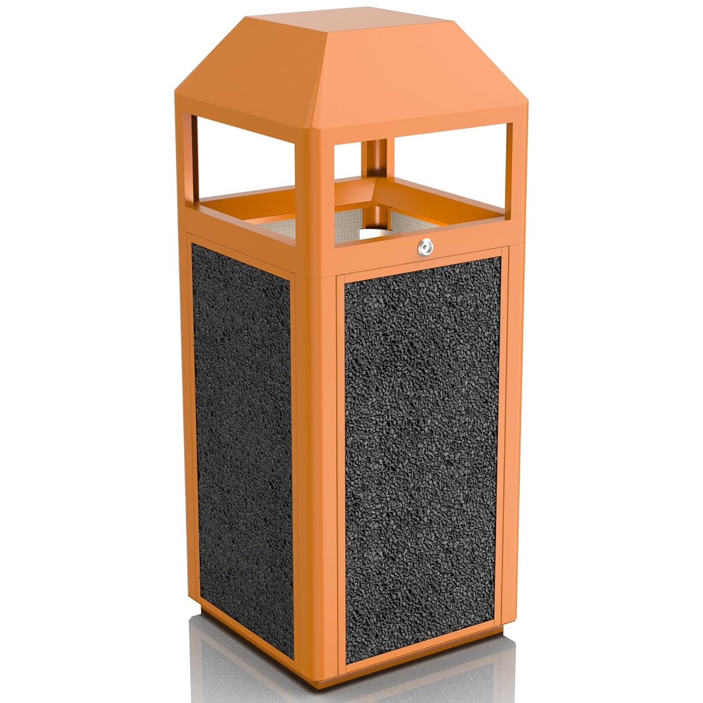 Bright orange outdoor trash receptacle with black stone aggregate textured panels and dome top design for enhanced visual appeal