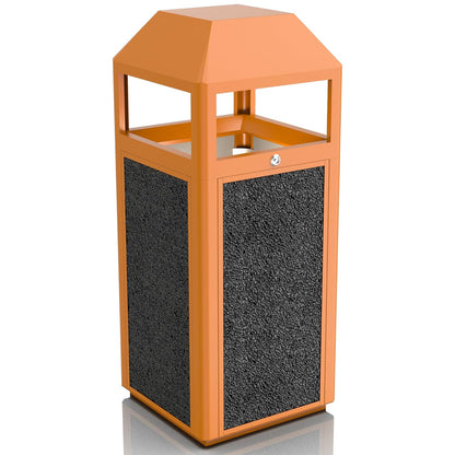 Bright orange outdoor trash receptacle with black stone aggregate textured panels and dome top design for enhanced visual appeal