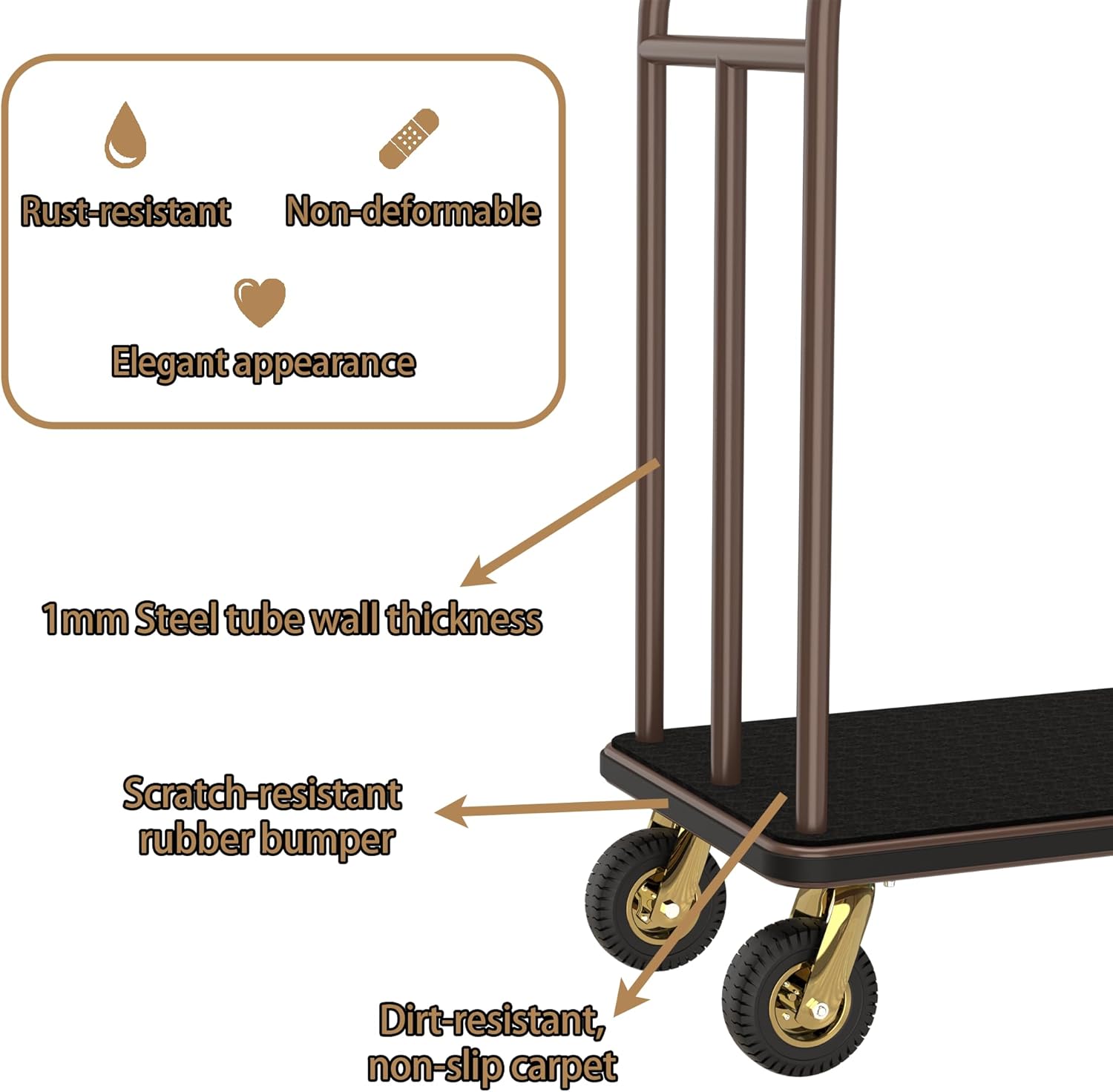 Heavy-duty hotel luggage cart showing premium construction features including 1mm steel tube wall thickness, scratch-resistant rubber bumpers, and dirt-resistant non-slip carpet base. Durable bellman cart with rust-resistant finish, elegant appearance, and non-deformable frame designed for long-lasting commercial hospitality use.