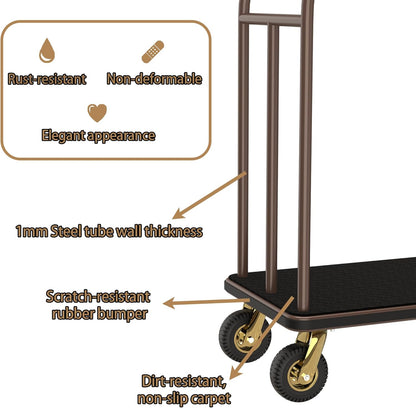 Heavy-duty hotel luggage cart showing premium construction features including 1mm steel tube wall thickness, scratch-resistant rubber bumpers, and dirt-resistant non-slip carpet base. Durable bellman cart with rust-resistant finish, elegant appearance, and non-deformable frame designed for long-lasting commercial hospitality use.