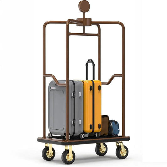 Professional enclosed hotel luggage cart featuring protective canopy frame design. Premium rooftop bellman cart with bronze-finished overhead structure, loaded platform, and golden wheels for secure multi-luggage transport in luxury hospitality environments.