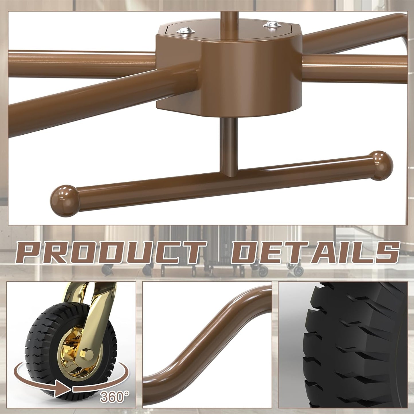 Detailed view of enclosed luggage cart construction featuring reinforced canopy joints, 360-degree swivel wheels, and premium bronze finish. Professional rooftop bellman cart components showing durable frame connections and silent inflatable wheel technology.
