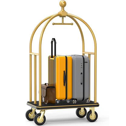 Executive gold hotel luggage cart with sophisticated dome canopy design loaded with guest luggage including striped, yellow, and gray suitcases. Elegant bellman cart featuring polished gold finish, curved protective railings, and professional-grade wheels on black platform base for premium hospitality service.