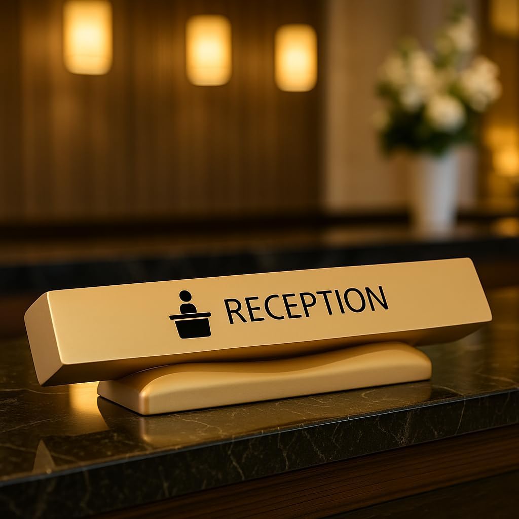 Luxurious gold reception desk sign on dark marble hotel counter with soft ambient lighting and floral arrangements in elegant lobby setting