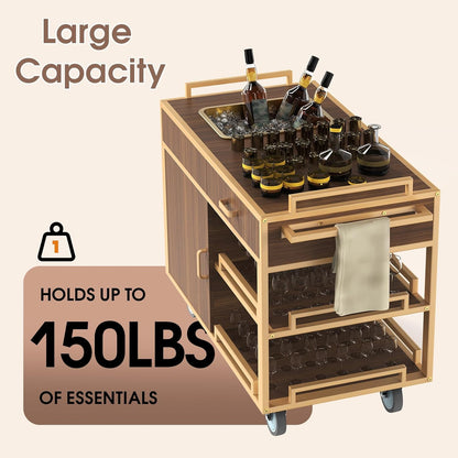 Heavy-duty cabinet service cart showcasing large capacity design holding up to 150 LBS of restaurant essentials. Commercial service trolley with enclosed storage compartments, multiple pull-out shelves, and organized wine bottle storage for high-volume food and beverage service operations.