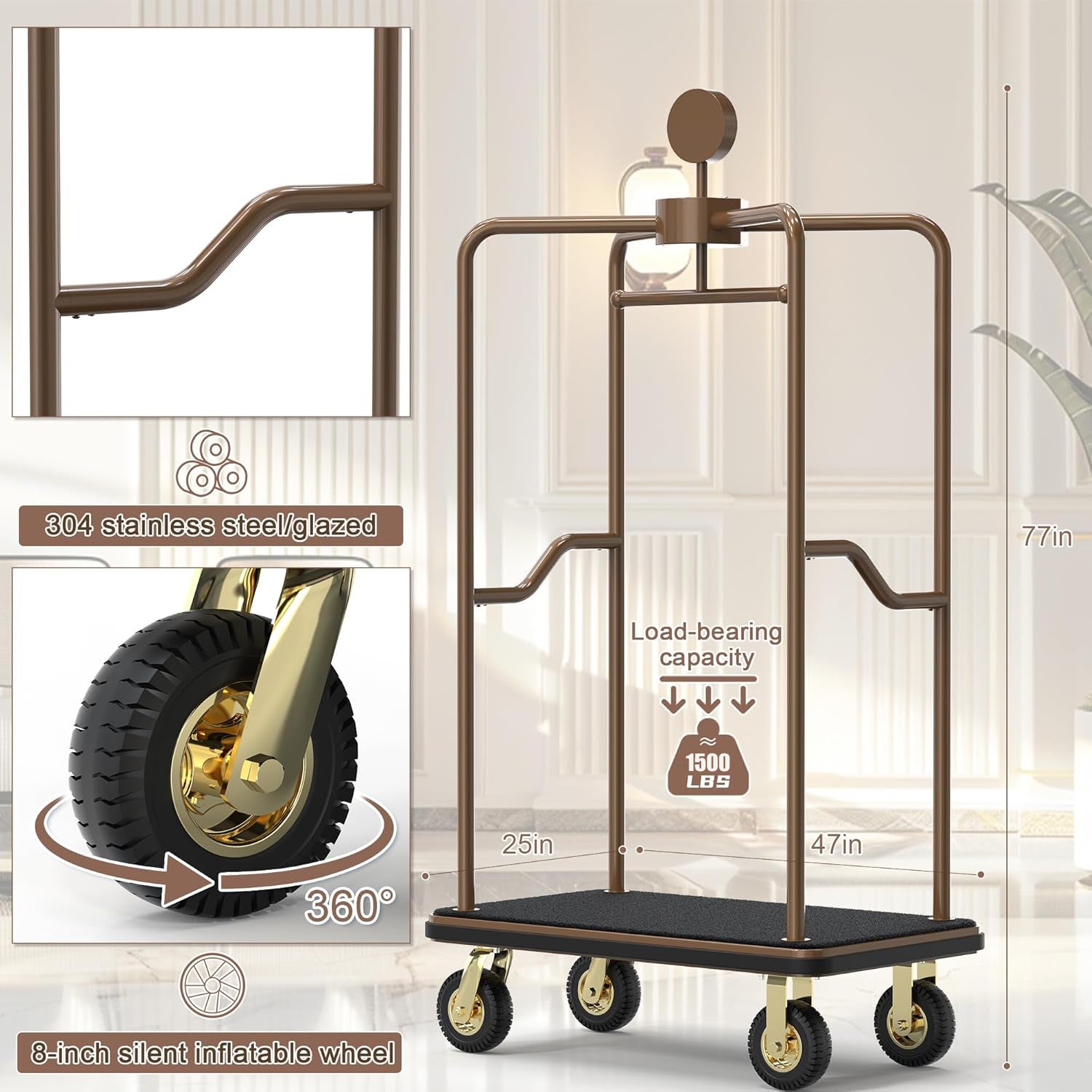 Complete specifications of enclosed luggage cart showing 600 lbs capacity with 77x47x25 inch dimensions. Professional canopy bellman cart featuring 304 stainless steel glazed construction, 8-inch silent inflatable wheels, and protective overhead frame design.