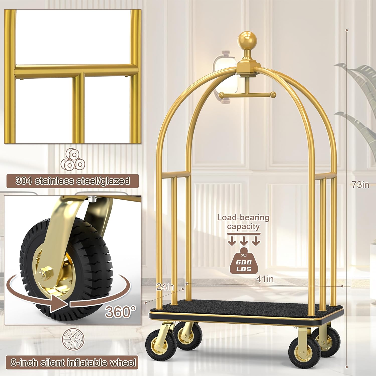 Heavy-duty gold hotel luggage cart with complete specifications showing 73-inch height, 41-inch width, and 600 LBS load-bearing capacity. Professional bellman cart featuring 304 stainless steel glazed construction, 8-inch silent inflatable wheels with 360-degree rotation, designed for commercial hospitality luggage transport services.