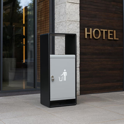 Elegant outdoor trash container with secure lid positioned outside modern hotel entrance with wood and stone facade
