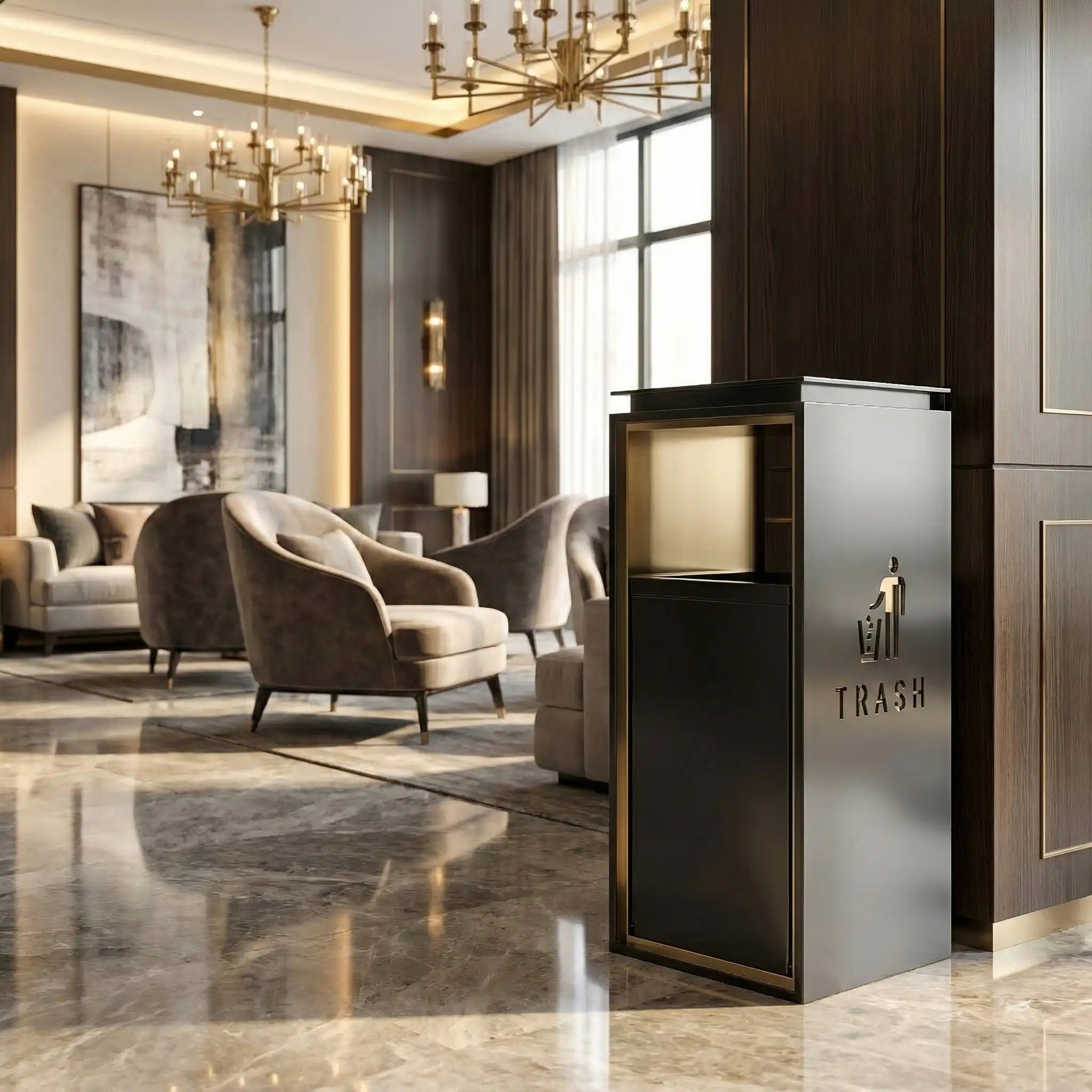 Luxury hotel elevator lobby trash bin from CrazyAnt hotel equipment supplier for premium hospitality interior waste management