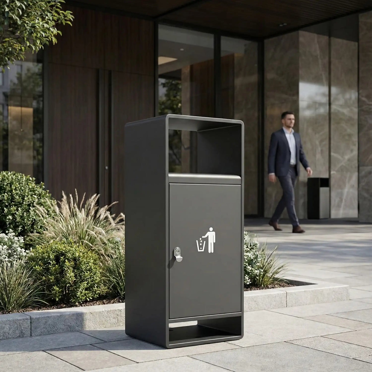 Professional outdoor hotel trash bin from CrazyAnt hotel procurement specialist for exterior pedestrian areas and building entrances