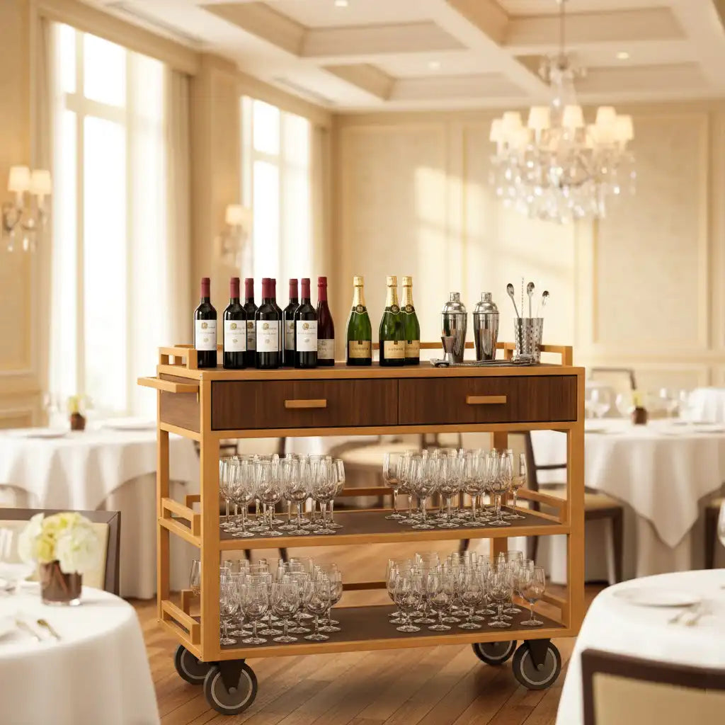 Open shelf room service trolley by CrazyAnt hotel equipment supplier for banquet and hospitality beverage service